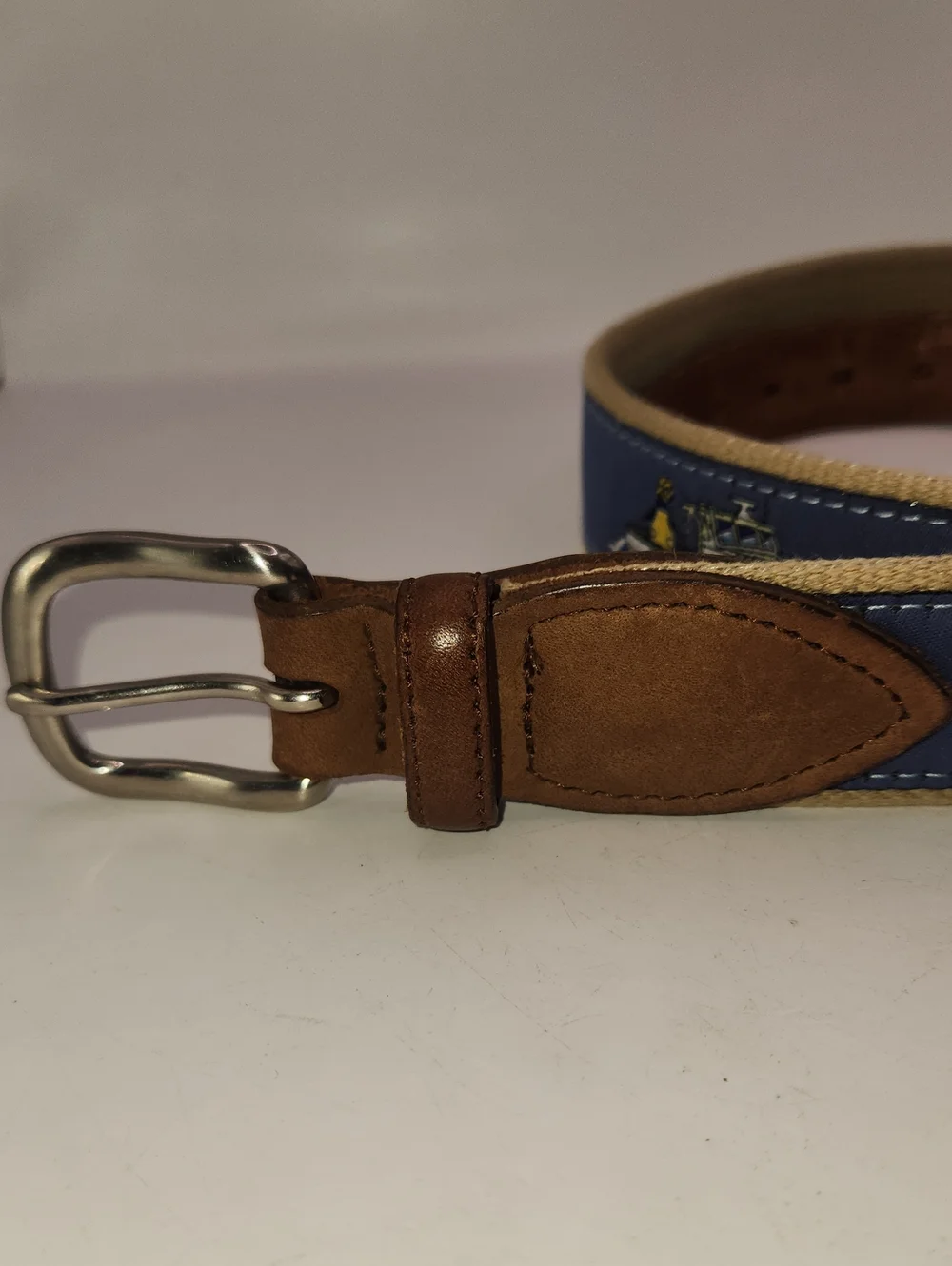 The Belted Cow Company Leather & Blue Belt with Boats Brass Buckle Size 36